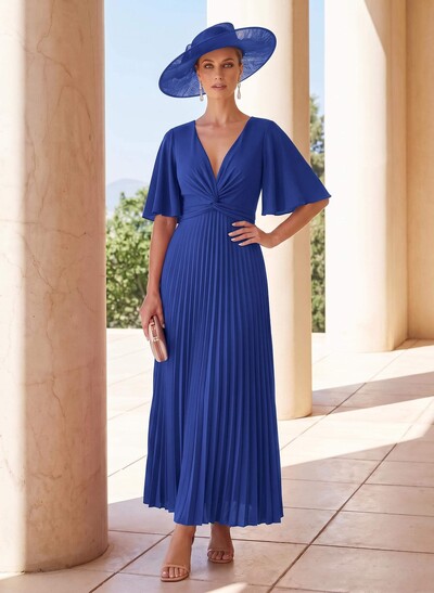 A-Line Plunge Neck 1/2 Sleeves Ankle-Length Stretch Chiffon Mother Of The Bride Dresses With Pleated