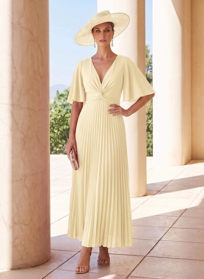 A-Line Plunge Neck 1/2 Sleeves Ankle-Length Stretch Chiffon Mother Of The Bride Dresses With Pleated