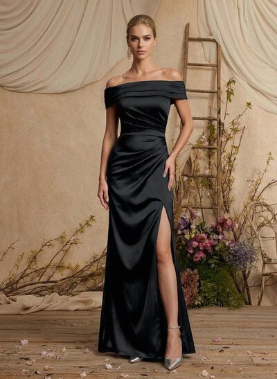 Trumpet/Mermaid Off-The-Shoulder Sleeveless Floor-Length Charmeuse Mother Of The Bride Dresses With High Split