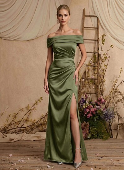Trumpet/Mermaid Off-The-Shoulder Sleeveless Satin Evening Dress With Sweep Train And High Slit