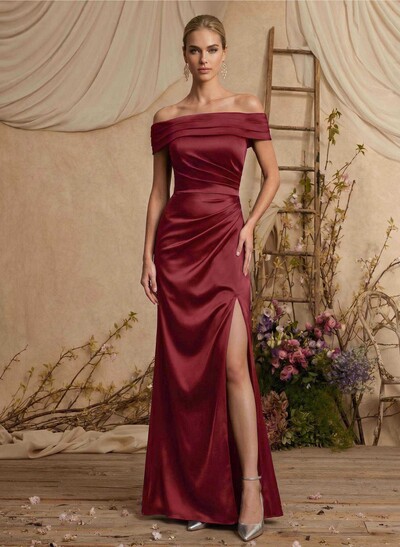Trumpet/Mermaid Off-The-Shoulder Sleeveless Satin Evening Dress With Sweep Train And High Slit