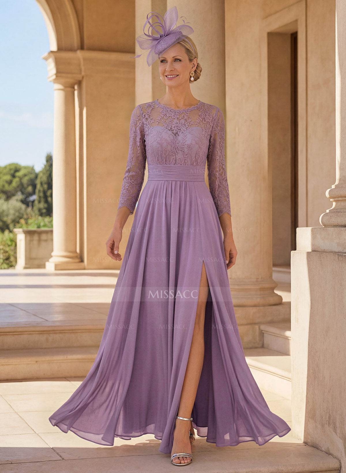 A-Line Scoop Neck 3/4 Sleeves Floor-Length Chiffon/Lace Mother Of The Bride Dresses With Lace/High Split
