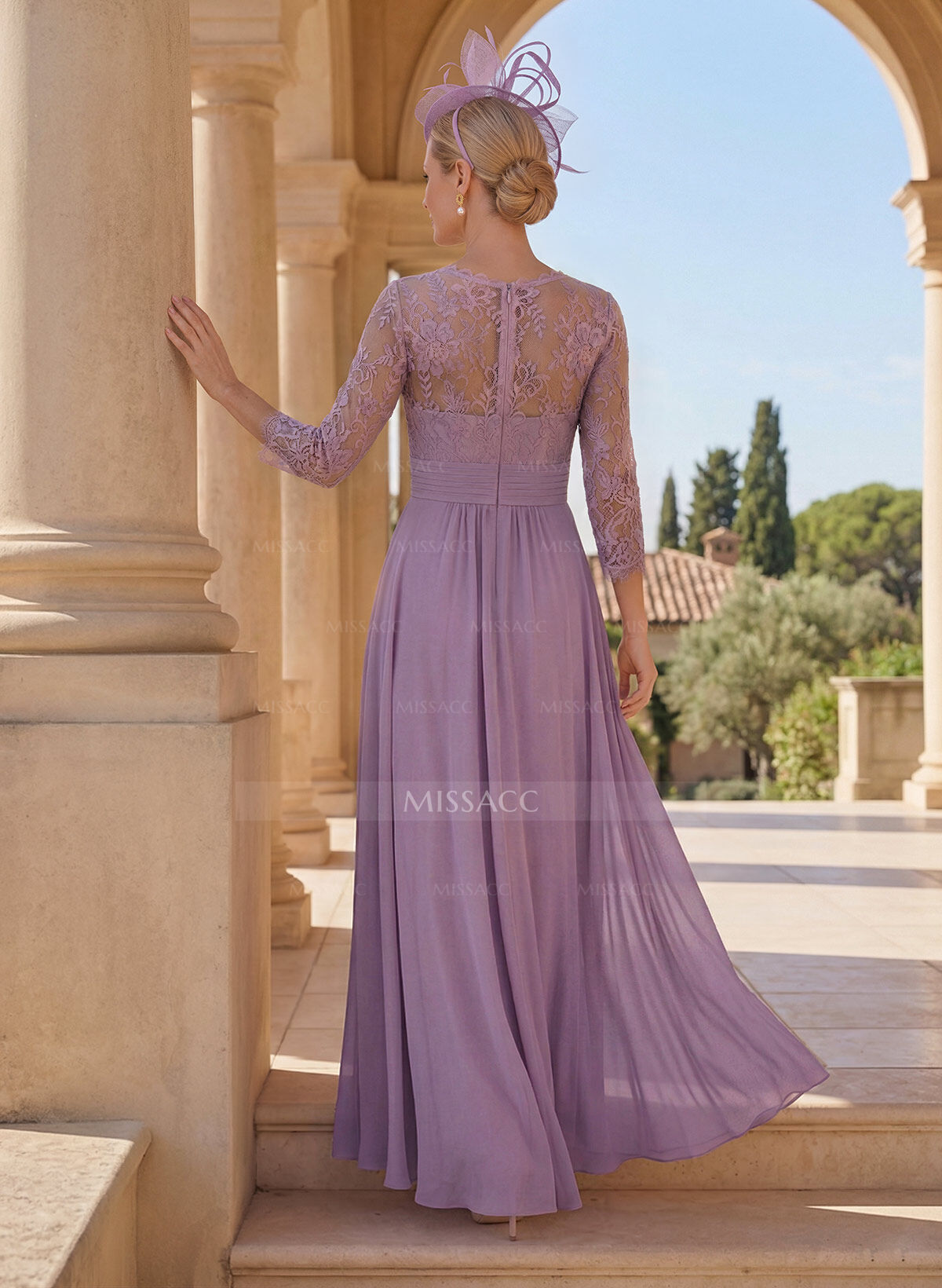 A-Line Scoop Neck 3/4 Sleeves Floor-Length Chiffon/Lace Mother Of The Bride Dresses With Lace/High Split
