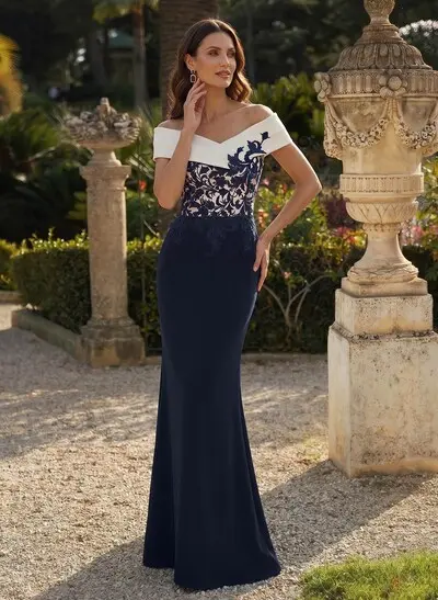 Trumpet/Mermaid Off-The-Shoulder Floor-Length Elastic Satin Mother Of The Bride Dresses With Appliques Lace