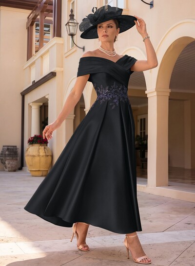 A-Line Off-The-Shoulder Sleeveless Ankle-Length Satin Mother Of The Bride Dresses With Appliques Lace