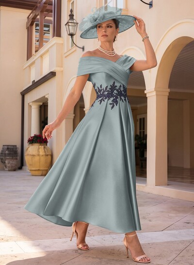 A-Line Off-The-Shoulder Sleeveless Ankle-Length Satin Mother Of The Bride Dresses With Appliques Lace