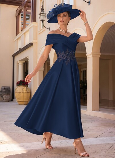 A-Line Off-The-Shoulder Sleeveless Ankle-Length Satin Mother Of The Bride Dresses With Appliques Lace
