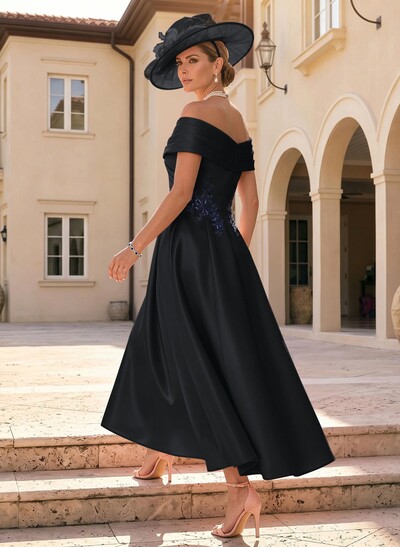 A-Line Off-The-Shoulder Sleeveless Ankle-Length Satin Mother Of The Bride Dresses With Appliques Lace