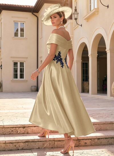 A-Line Off-The-Shoulder Sleeveless Ankle-Length Satin Mother Of The Bride Dresses With Appliques Lace