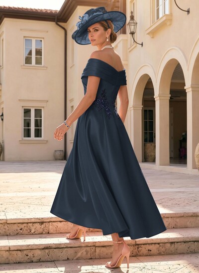 A-Line Off-The-Shoulder Sleeveless Ankle-Length Satin Mother Of The Bride Dresses With Appliques Lace