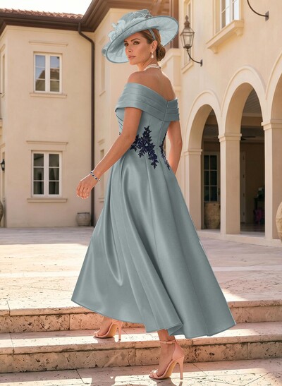 A-Line Off-The-Shoulder Sleeveless Ankle-Length Satin Mother Of The Bride Dresses With Appliques Lace