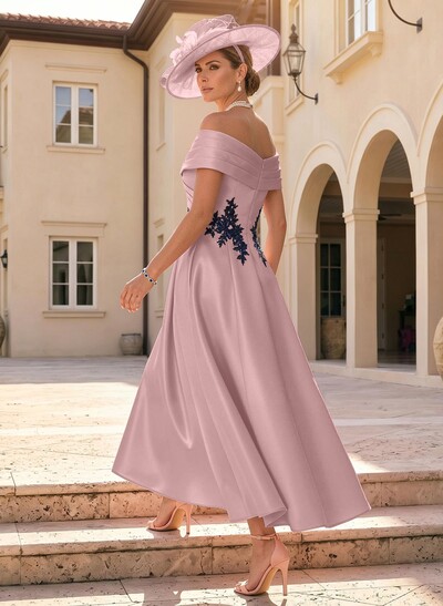 A-Line Off-The-Shoulder Sleeveless Ankle-Length Satin Mother Of The Bride Dresses With Appliques Lace
