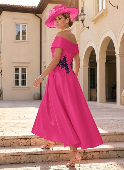 A-Line Off-The-Shoulder Sleeveless Ankle-Length Satin Mother Of The Bride Dresses With Appliques Lace