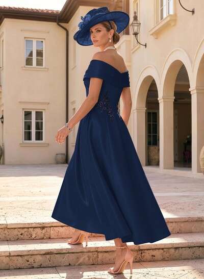 A-Line Off-The-Shoulder Sleeveless Ankle-Length Satin Mother Of The Bride Dresses With Appliques Lace