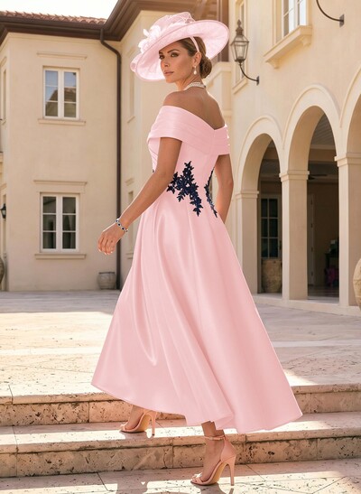 A-Line Off-The-Shoulder Sleeveless Ankle-Length Satin Mother Of The Bride Dresses With Appliques Lace