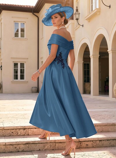 A-Line Off-The-Shoulder Sleeveless Ankle-Length Satin Mother Of The Bride Dresses With Appliques Lace