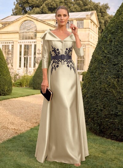 Sheath/Column V-Neck 3/4 Sleeves Floor-Length Satin Mother Of The Bride Dresses With Appliques Lace