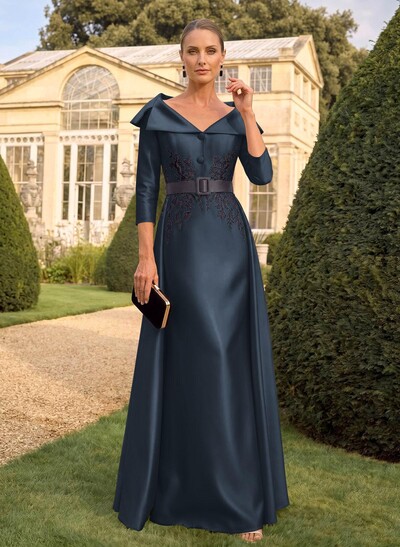 Sheath/Column V-Neck 3/4 Sleeves Floor-Length Satin Mother Of The Bride Dresses With Appliques Lace