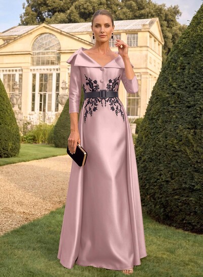 Sheath/Column V-Neck 3/4 Sleeves Floor-Length Satin Mother Of The Bride Dresses With Appliques Lace