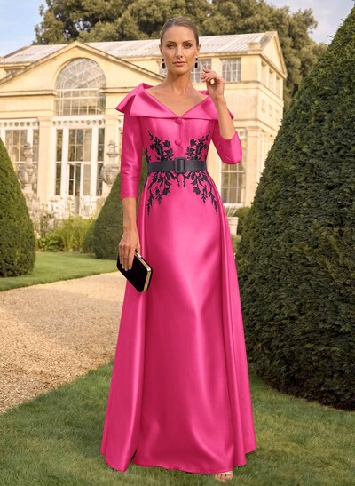 Sheath/Column V-Neck 3/4 Sleeves Floor-Length Satin Mother Of The Bride Dresses With Appliques Lace