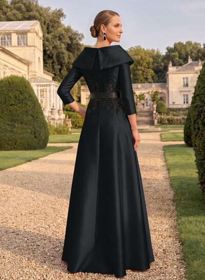 Sheath/Column V-Neck 3/4 Sleeves Floor-Length Satin Mother Of The Bride Dresses With Appliques Lace
