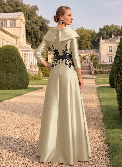 Sheath/Column V-Neck 3/4 Sleeves Floor-Length Satin Mother Of The Bride Dresses With Appliques Lace