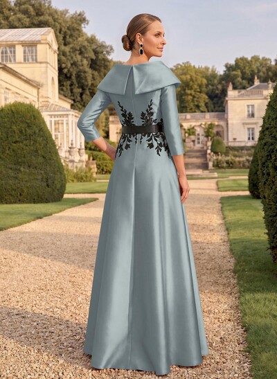 Sheath/Column V-Neck 3/4 Sleeves Floor-Length Satin Mother Of The Bride Dresses With Appliques Lace