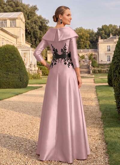 Sheath/Column V-Neck 3/4 Sleeves Floor-Length Satin Mother Of The Bride Dresses With Appliques Lace