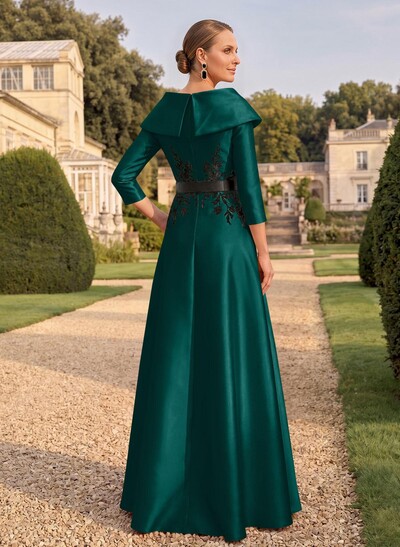 Sheath/Column V-Neck 3/4 Sleeves Floor-Length Satin Mother Of The Bride Dresses With Appliques Lace