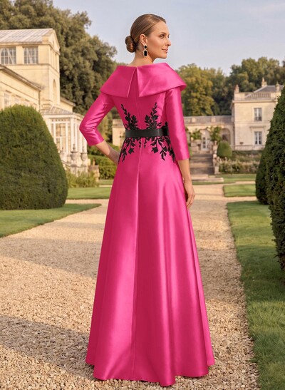 Sheath/Column V-Neck 3/4 Sleeves Floor-Length Satin Mother Of The Bride Dresses With Appliques Lace