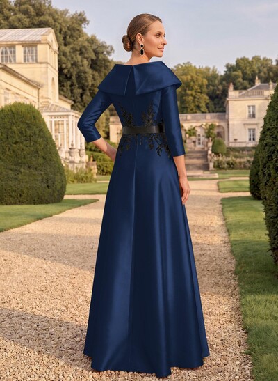 Sheath/Column V-Neck 3/4 Sleeves Floor-Length Satin Mother Of The Bride Dresses With Appliques Lace