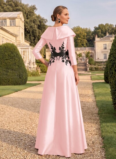 Sheath/Column V-Neck 3/4 Sleeves Floor-Length Satin Mother Of The Bride Dresses With Appliques Lace