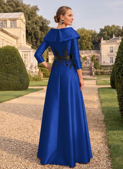 Sheath/Column V-Neck 3/4 Sleeves Floor-Length Satin Mother Of The Bride Dresses With Appliques Lace
