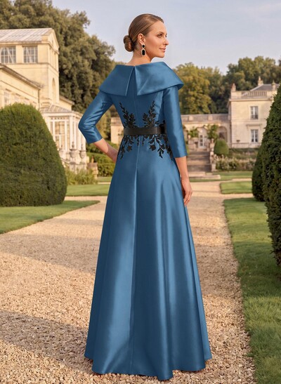 Sheath/Column V-Neck 3/4 Sleeves Floor-Length Satin Mother Of The Bride Dresses With Appliques Lace