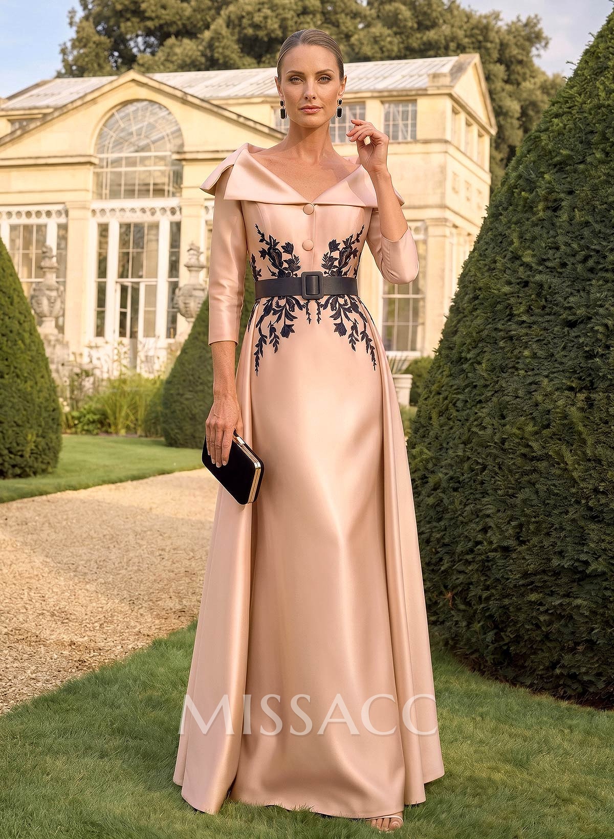 Sheath/Column V-Neck 3/4 Sleeves Floor-Length Satin Mother Of The Bride Dresses With Appliques Lace Sheath/Column V-Neck 3/4 Sleeves Floor-Length Satin Mother Of The Bride Dresses With Appliques Lace