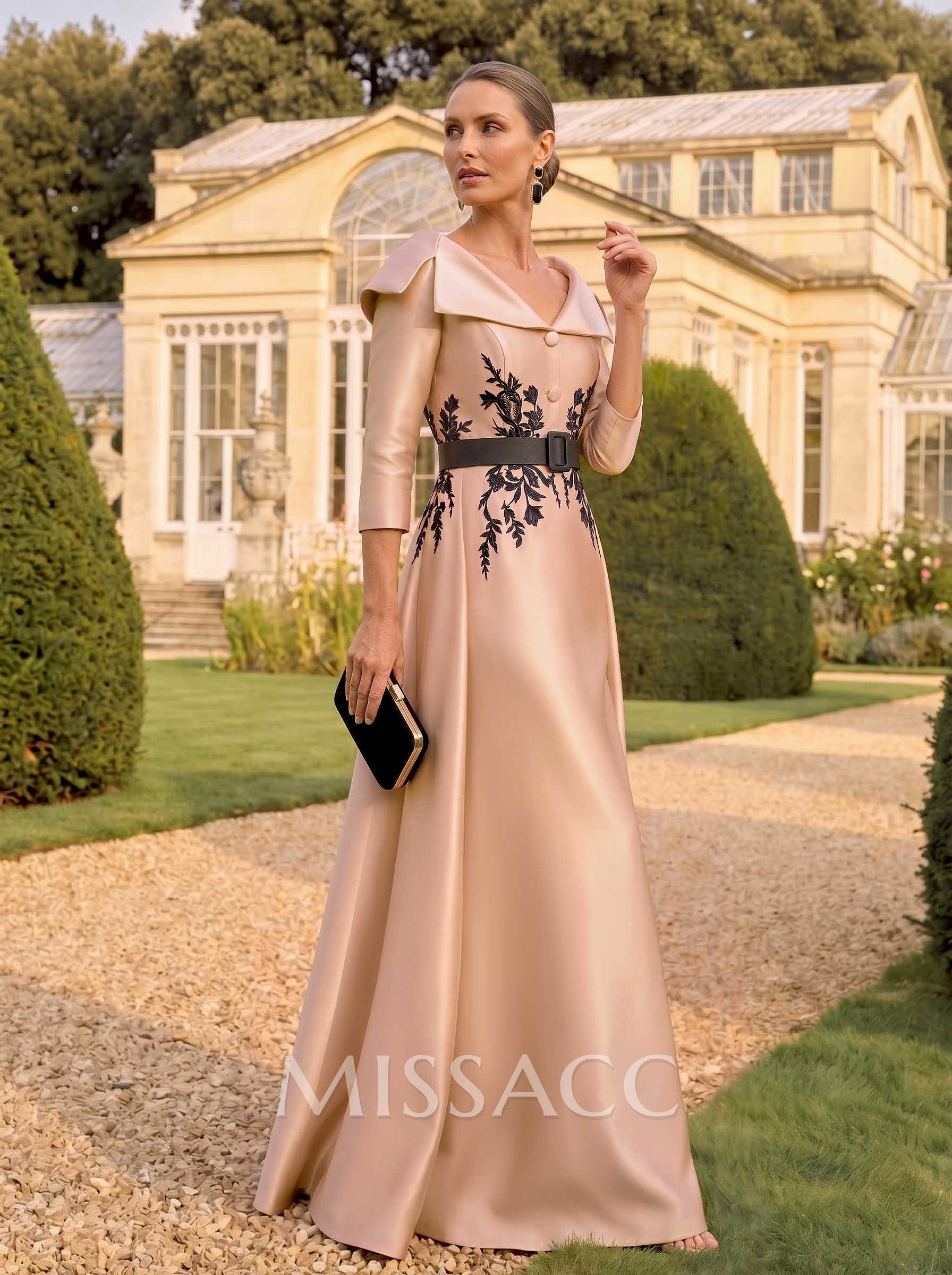 Sheath/Column V-Neck 3/4 Sleeves Floor-Length Satin Mother Of The Bride Dresses With Appliques Lace Sheath/Column V-Neck 3/4 Sleeves Floor-Length Satin Mother Of The Bride Dresses With Appliques Lace