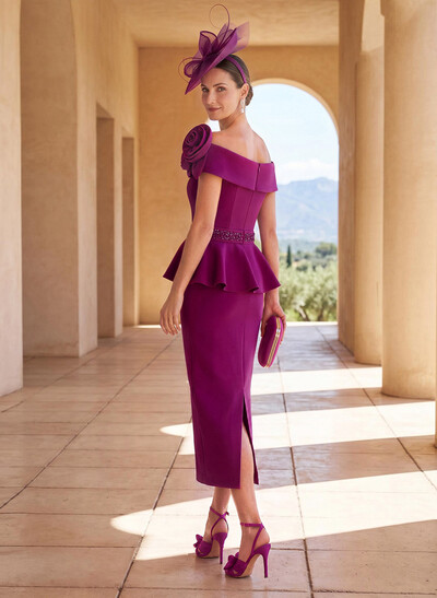 Sheath/Column Asymmetrical Ankle-Length Elastic Satin Mother Of The Bride Dresses With Ruffle/Rhinestone/Flower(s)