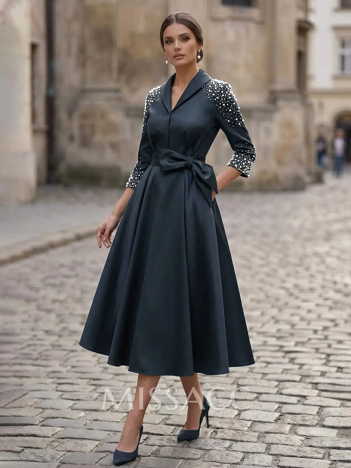 satin v neck tea length a line dress A-Line V-Neck 3/4 Sleeves Tea-Length Mother Of The Bride Dresses With Bow(s)/Beading Color:RoyalBlue Showmall Women's Plus Size formal occasions Outlet_Sale