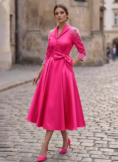 A-Line V-Neck 3/4 Sleeve Tea-Length Satin Mother Of The Bride Dresses With Bows And Beading