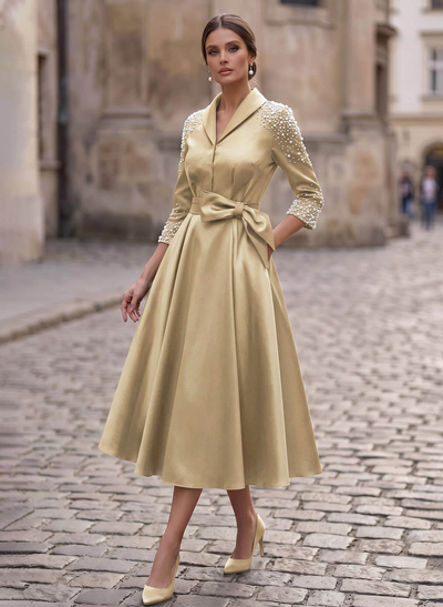 A-Line V-Neck 3/4 Sleeve Tea-Length Satin Mother Of The Bride Dresses With Bows And Beading