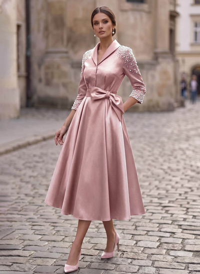 A-Line V-Neck 3/4 Sleeve Tea-Length Satin Mother of the Bride Dresses with Bows and Beading