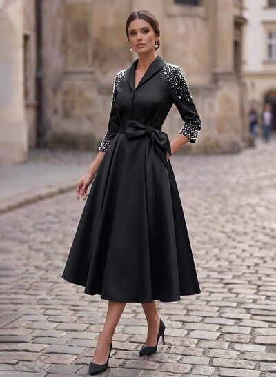 A-Line V-Neck 3/4 Sleeve Tea-Length Satin Mother Of The Bride Dresses With Bows And Beading