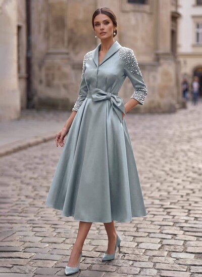 A-Line V-Neck 3/4 Sleeves Tea-Length Satin Mother Of The Bride Dresses With Bow(s)/Beading
