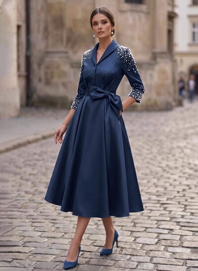 A-Line V-Neck 3/4 Sleeves Tea-Length Satin Mother Of The Bride Dresses With Bow(s)/Beading