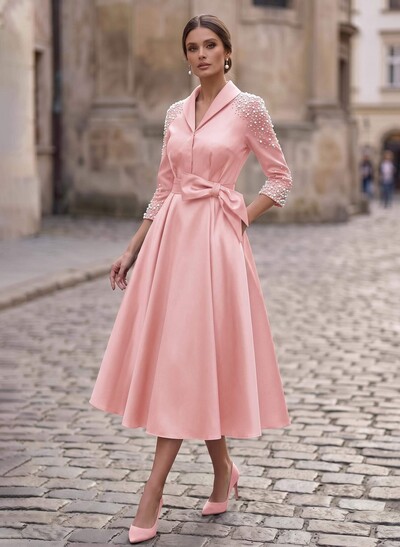 A-Line V-Neck 3/4 Sleeves Tea-Length Satin Mother Of The Bride Dresses With Bow(s)/Beading