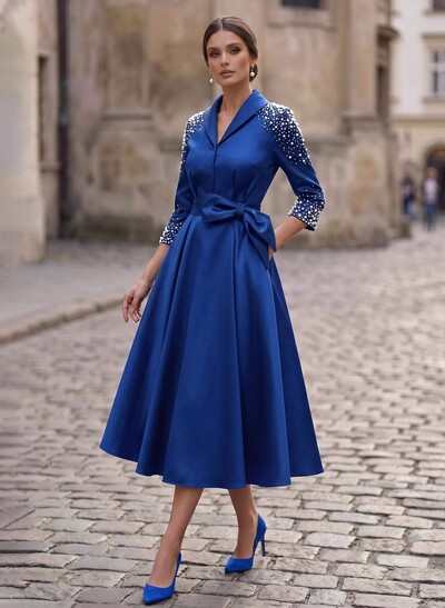 A-Line V-Neck 3/4 Sleeves Tea-Length Satin Mother Of The Bride Dresses With Bow(s)/Beading