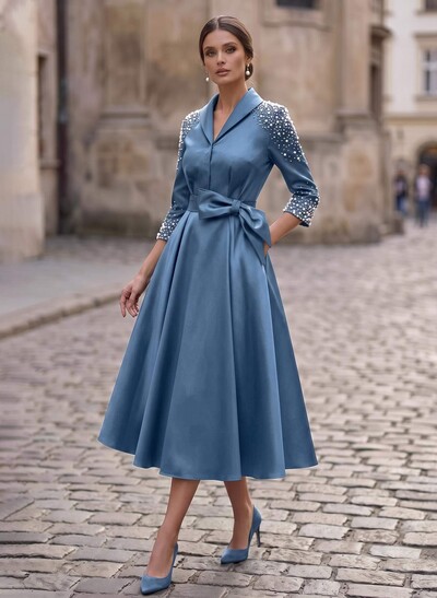 A-Line V-Neck 3/4 Sleeve Tea-Length Satin Mother Of The Bride Dresses With Bows/Beading