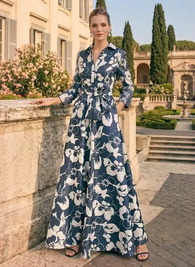 A-Line V-Neck 3/4 Sleeves Floor-Length Satin Mother Of The Bride Dresses With Bow(s)/Sash/Floral-Print