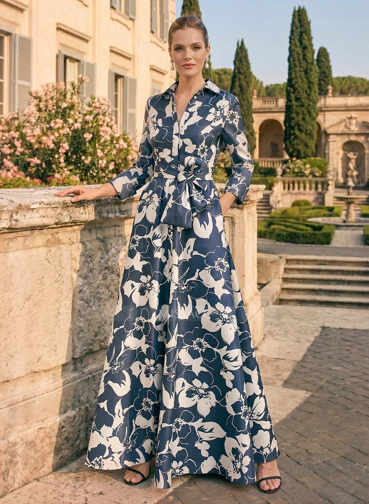 A-Line V-Neck 3/4 Sleeves Floor-Length Satin Mother Of The Bride Dresses With Bow(s)/Sash/Floral-Print