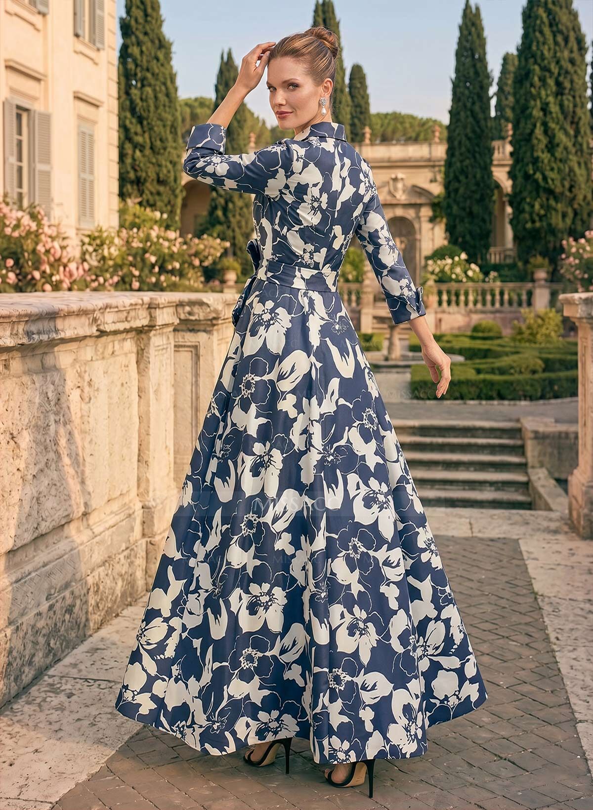 A-Line V-Neck 3/4 Sleeves Floor-Length Satin Mother Of The Bride Dresses With Bow(s)/Sash/Floral-Print